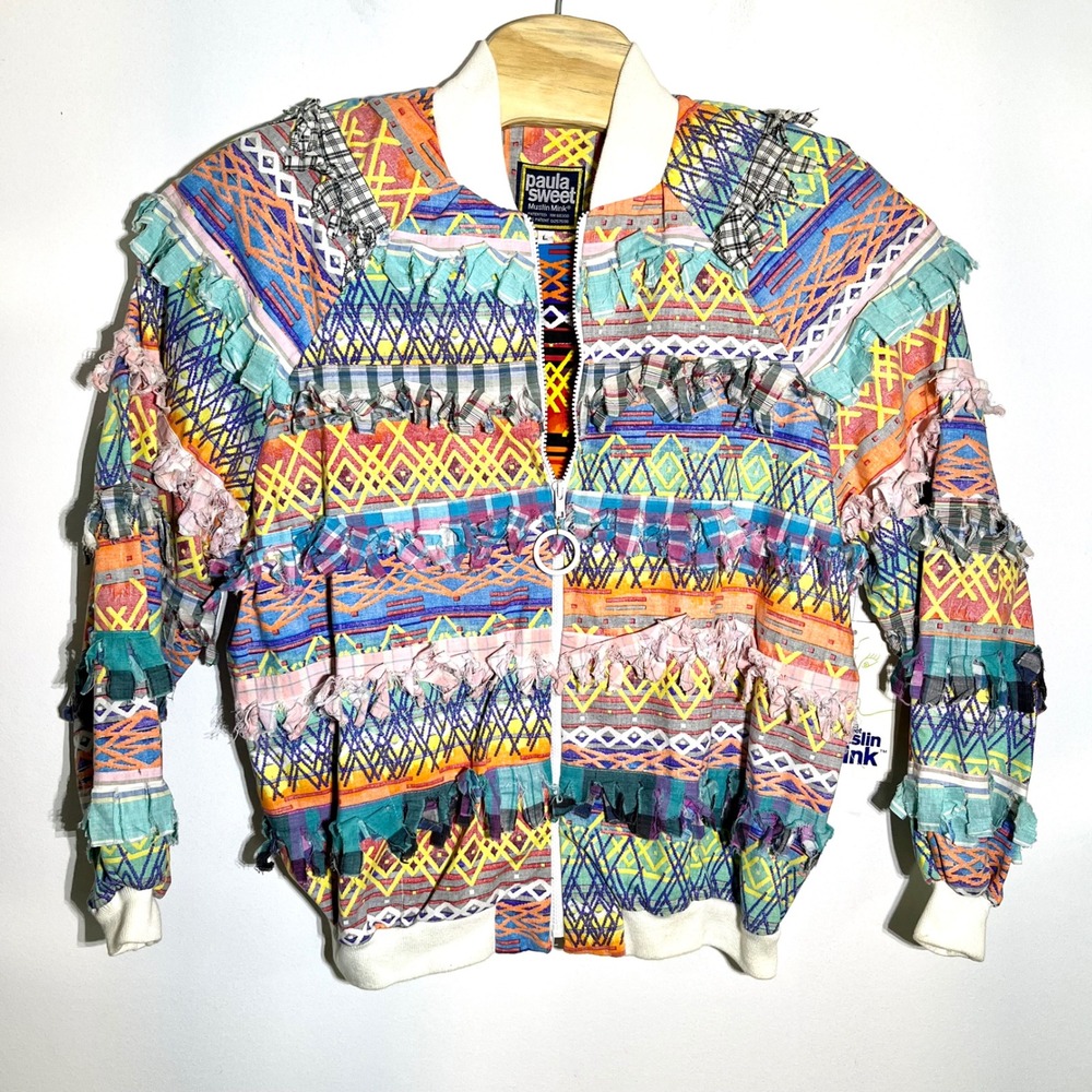 NEW Paula Sweet Muslin Mink Bomber‎ Jacket Colorful Fringed Trim Unique Design L